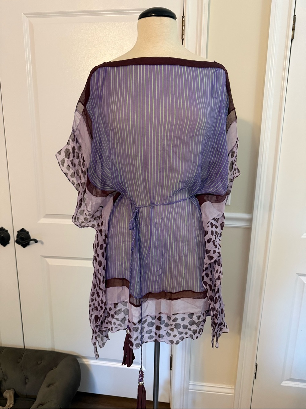 Diane Von Furstenberg Purple Striped Sheer Tunic with Green Pinstripes